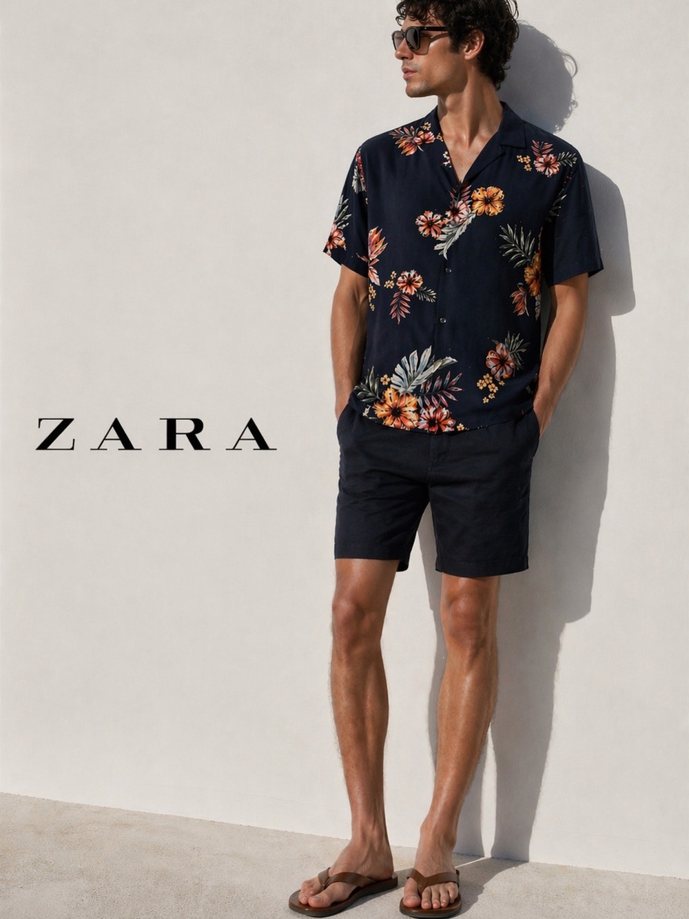 Zara Shirt Mens Blue Floral Viscose Relaxed Fit Camp Collar Button Up Size Large